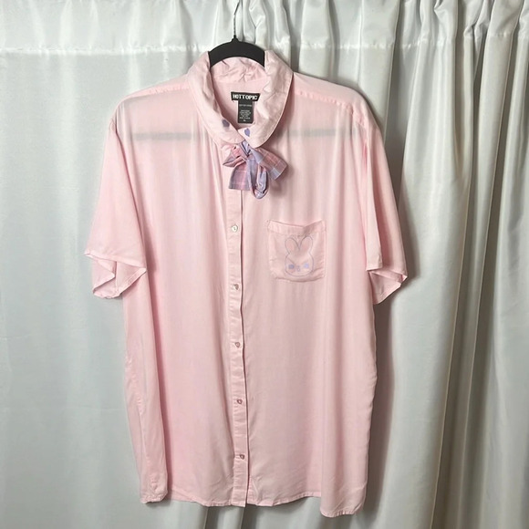 Hot Topic Button Down Blouse Preppy Size XL Cute Plaid Neck Bow Accent - Picture 7 of 7